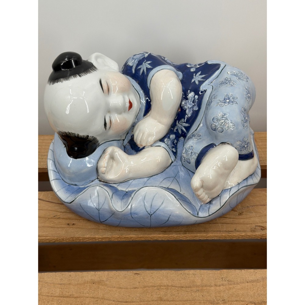 Vintage Chinese Porcelain Sleeping Child Figurine Blue White Lotus Leaf Pillow